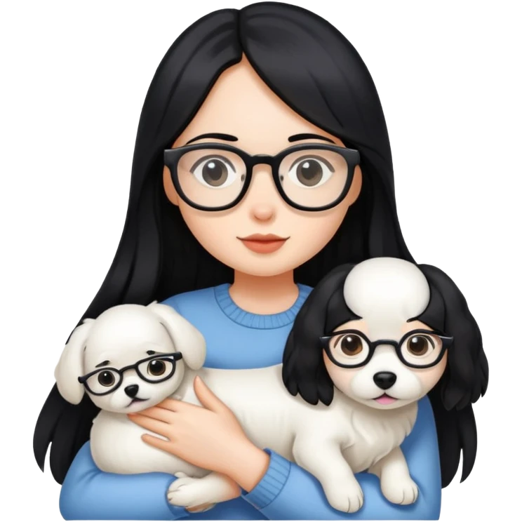 A girl with long black hair and glasses holding a white dog emoji