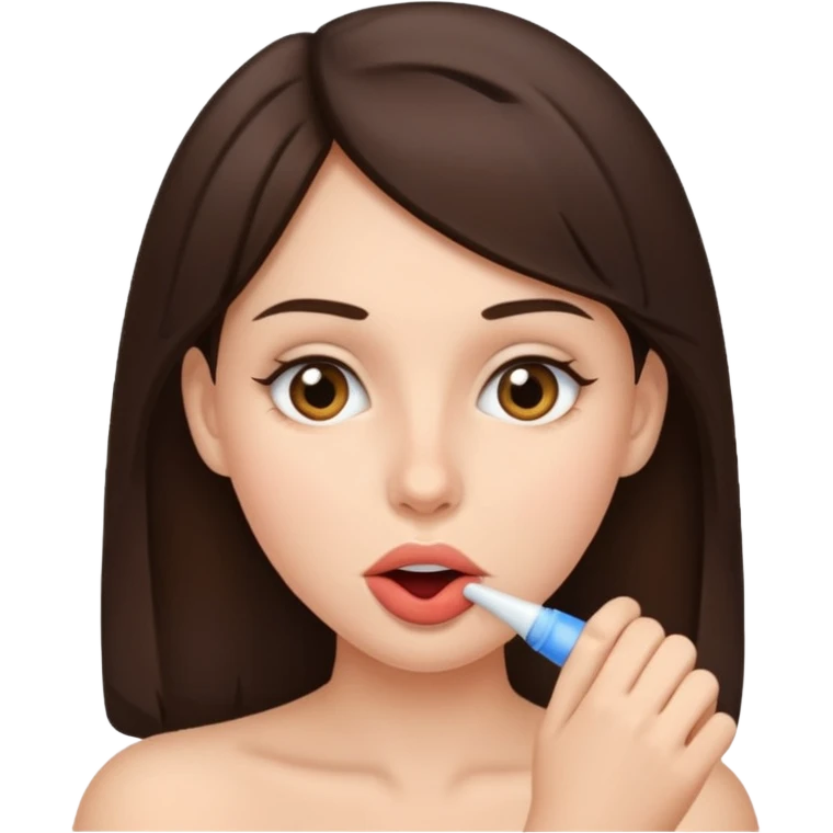 A brunette woman sucking a penis emoji