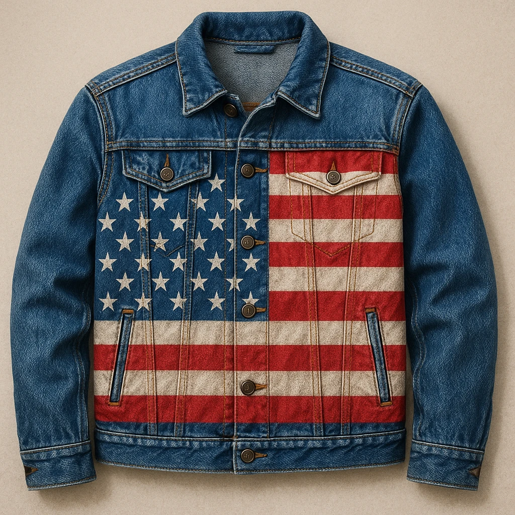 denim jacket with a large American flag painted on it, detailed denim texture and vivid stars and stripes pattern emoji