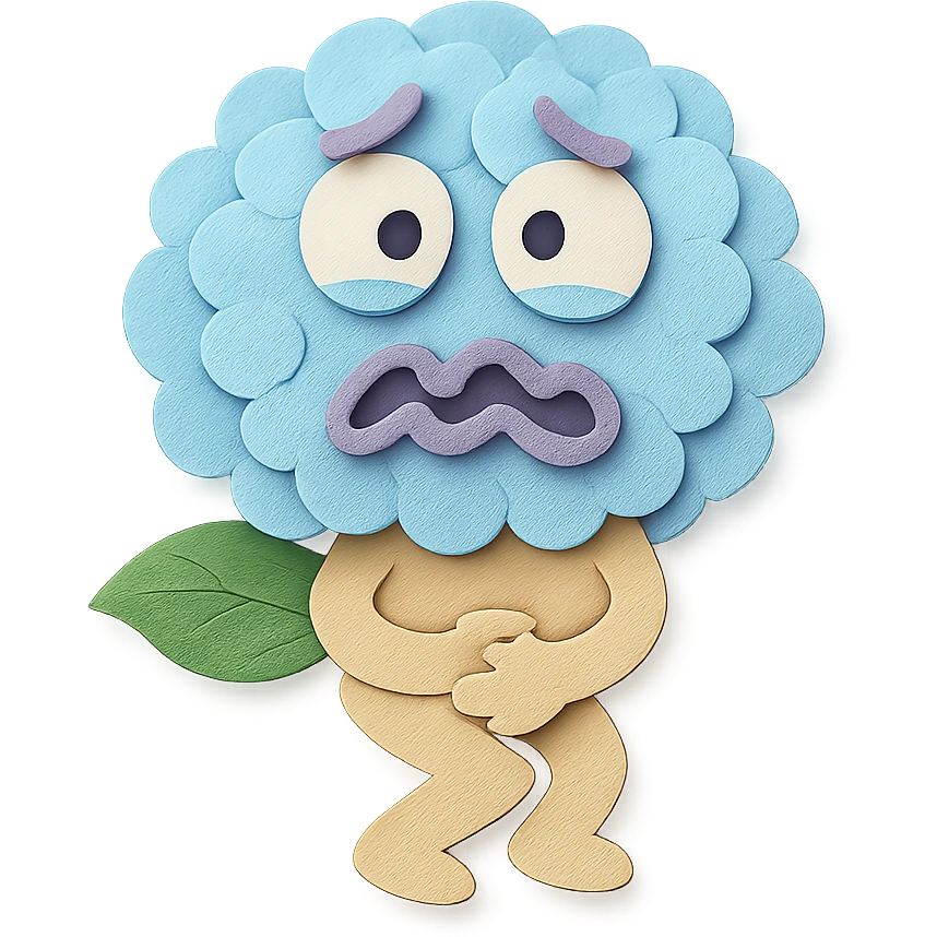 sky blue hydrangea flower with a twisted face and bulging eyes, holding its belly in a desperate toilet run, soft pastel shades, paper craft style emoji