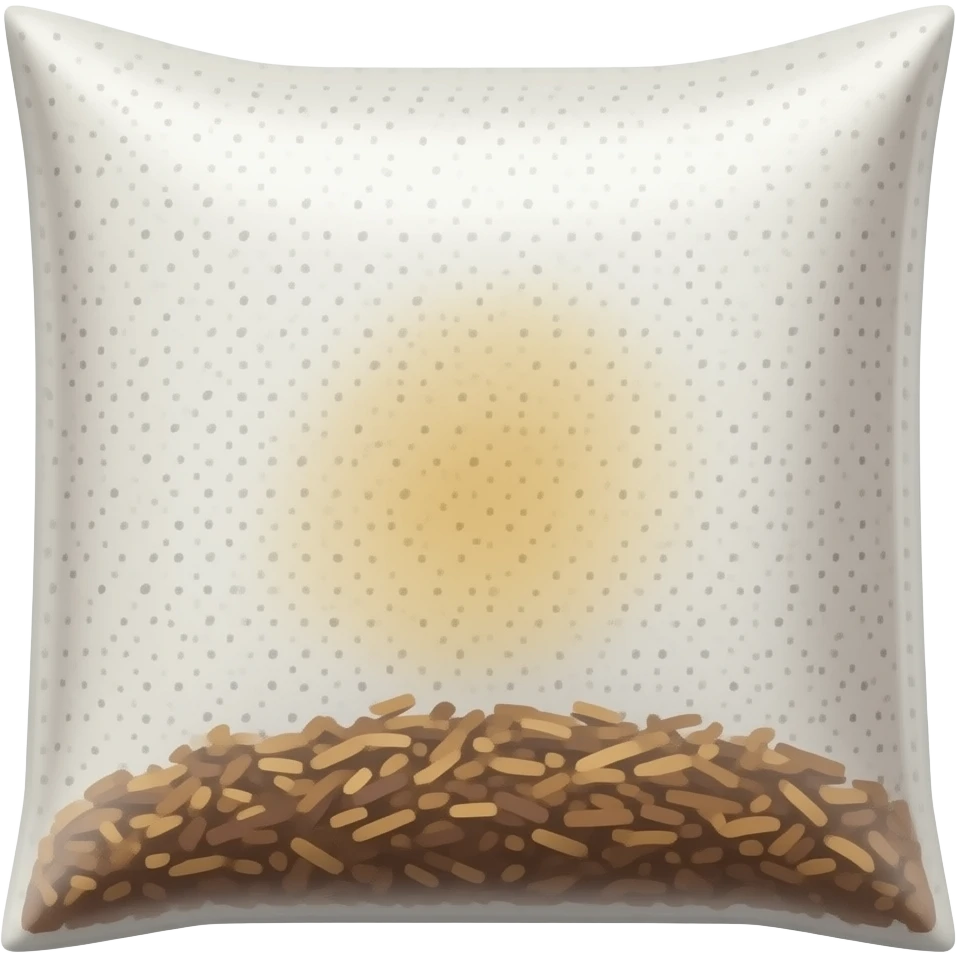 A small soft nicotine pouch made from thin porous paper, slightly curved and pillow-shaped, longer than it is tall. The pouch looks flexible and gently filled with fine tobacco inside, creating a subtle uneven beige stain in the center. emoji