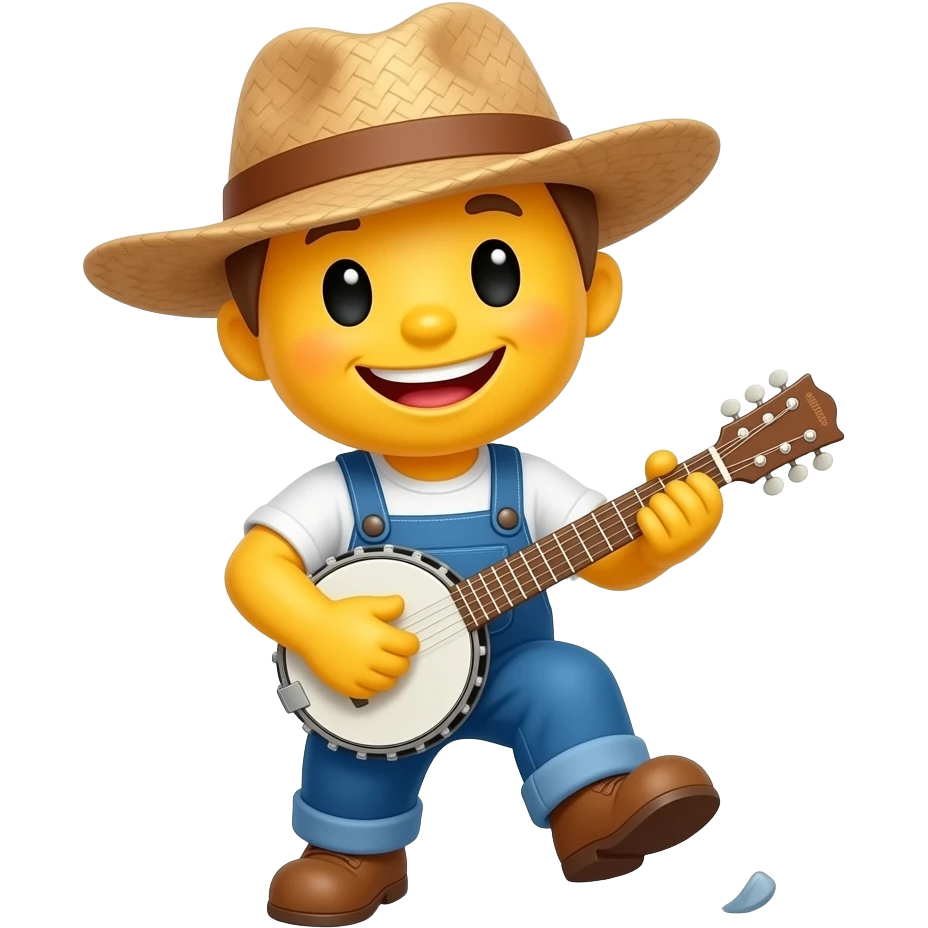 Little mini yellow emoji very happy, wearing straw hat playing banjo stomping his foot, top view, wearing coveralls emoji