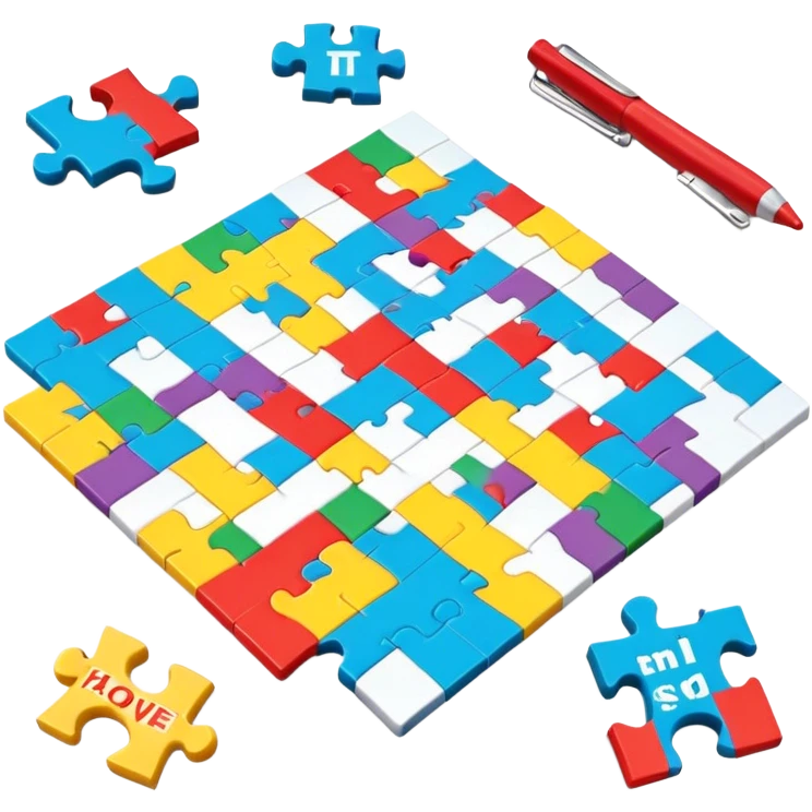 A photorealistic icon with a colorful, fragmented puzzle piece, a crossword magazine, a 3D puzzle, and a partially completed puzzle on a table. Bright, detailed design with realistic lighting. Transparent background, clearly symbolizing puzzles and brain games. emoji