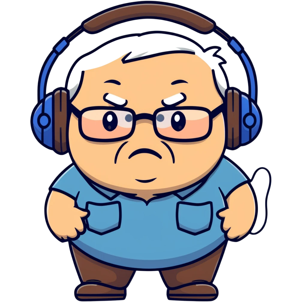 Very chubby brown old man with medium white hair, wearing glasses and headphones, looking surprised and angry, no facial hair, round full cheeks, double chin, looking to the upper left corner emoji