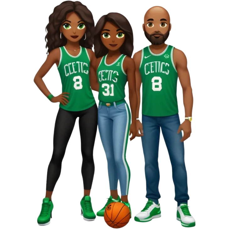48-year-old dark skin black woman with brown eyes, long dark brown hair dressed in sexy 
celtics jersey costume outfit wearing stilettos. A white bald White man with orange beard and has blue/green  eyes, wearing a Jason Tatum Boston Celtics Jersey, jeans & green Nike sneakers  emoji