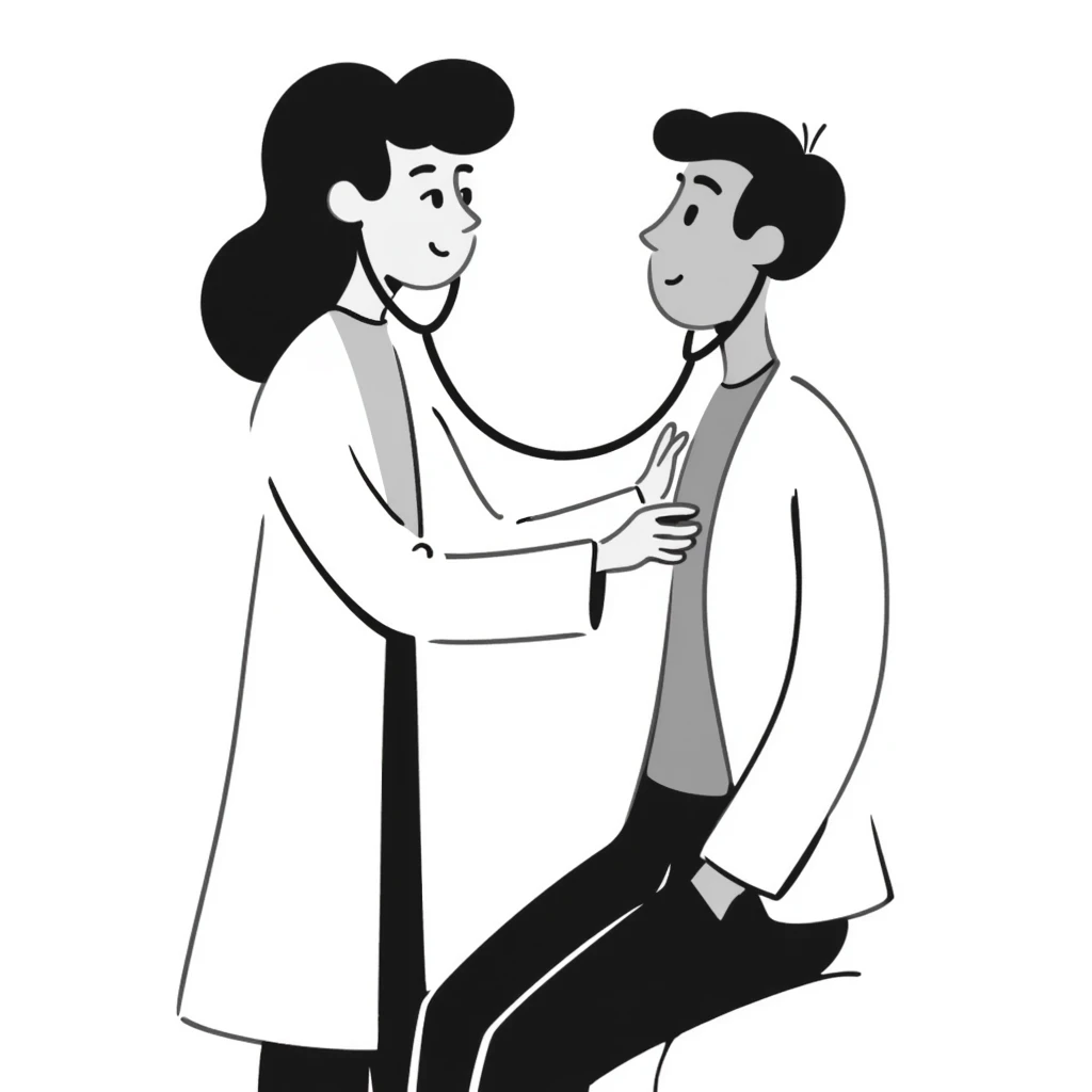 Female doctor in medical attire performing thorough examination of male patient's upper body, checking heart and lungs with stethoscope emoji