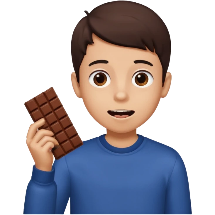 A boy holding a chocolate bar with him chewing on the bite he took emoji