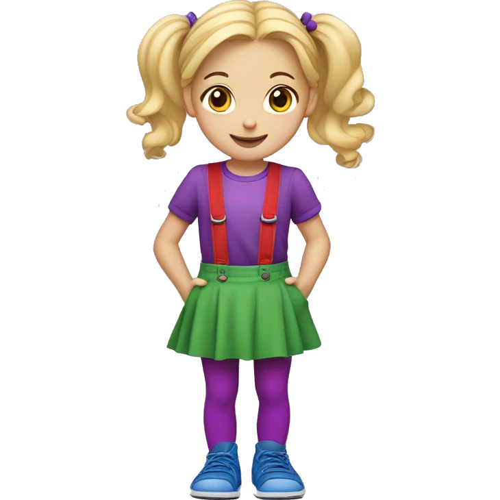A little blonde girl with pigtails and little purple bows wearing a red long-sleeved shirt and purple overalls skirt with blue tights with green polka dots and purple sneakers. emoji