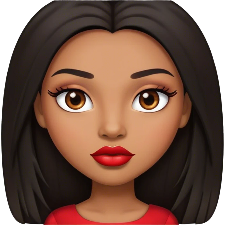 light brown skin tone, very beautiful woman, with big plump lips, long long lashes, black long straight hair, brown eyes, red dress emoji