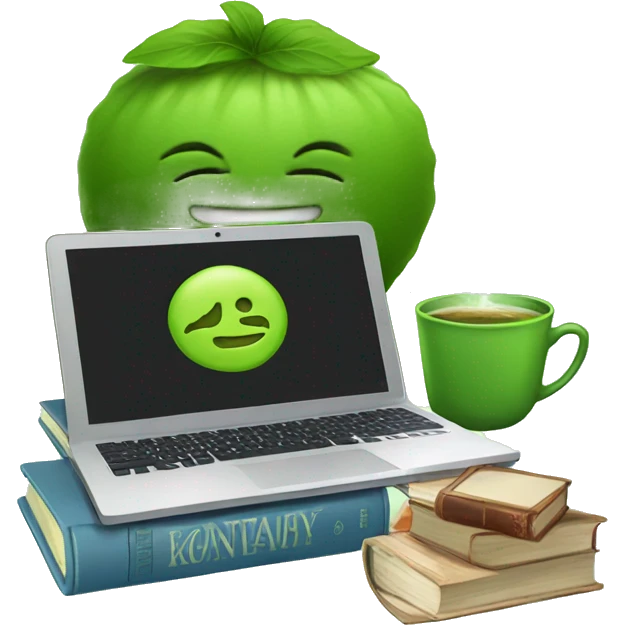 Matcha with a laptop and books next to it emoji