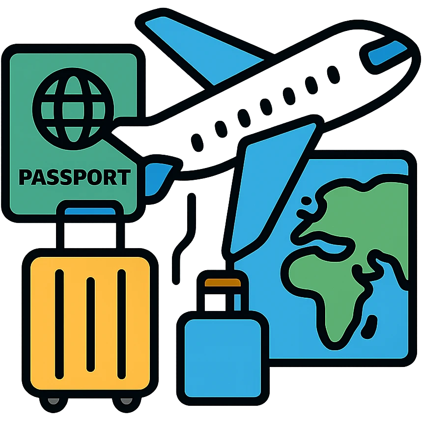 airplane with travel elements like passport, suitcase, and world map emoji