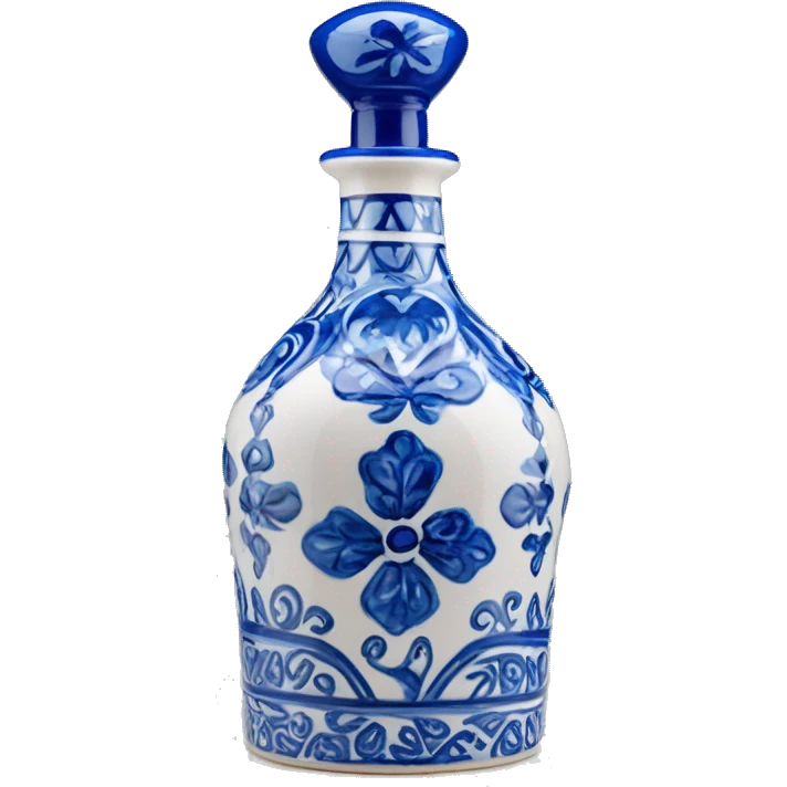 The Clase Azul Tequila bottle has a tall, hourglass-shaped ceramic body, hand-painted in white with cobalt blue floral designs. It’s topped with a distinctive gray, bell-shaped stopper that adds a final elegant touch. emoji