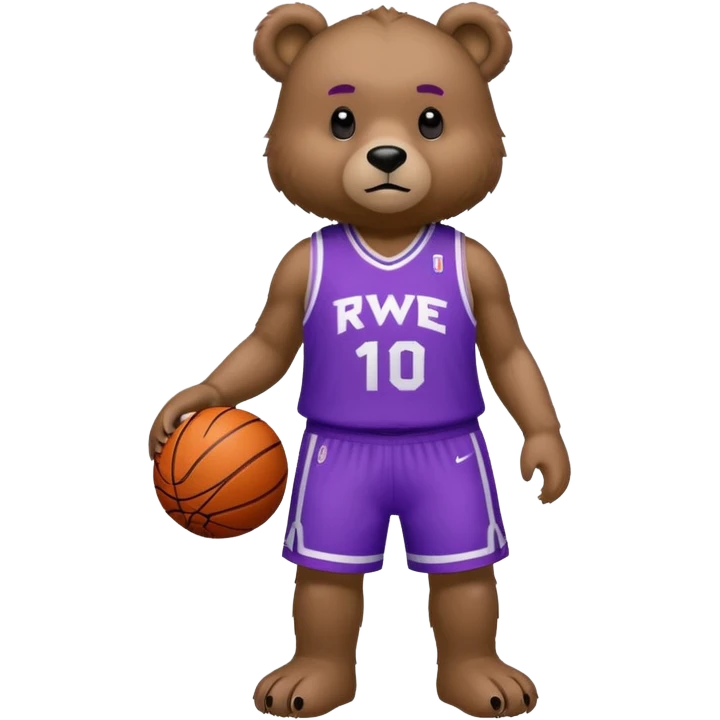 Bear with full body and wearing basketball white and purple jersey that says RWE  emoji
