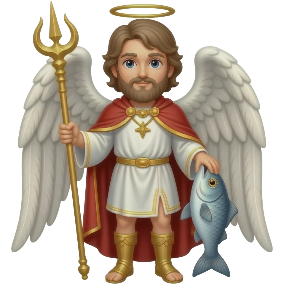 Archangel Raphael full body he has no beard, holding a staff and a fish emoji