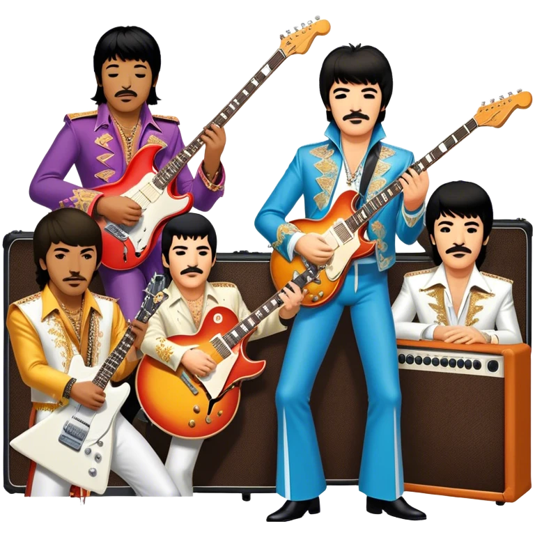 Rock music icon: dynamic collage of global rock legends like The Beatles, Jimi Hendrix, Elvis Presley, Freddy Mercury and Curt Cobane, surrounded by guitars, amplifiers, and stage lights. Symbolizing the energy and power of rock music. Transparent background. emoji