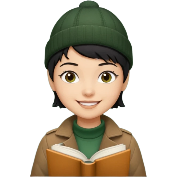 tan skin, non binary man with pixie cut black hair, wearing brown jacket and dark green beanie, smiling , holding up  book  emoji