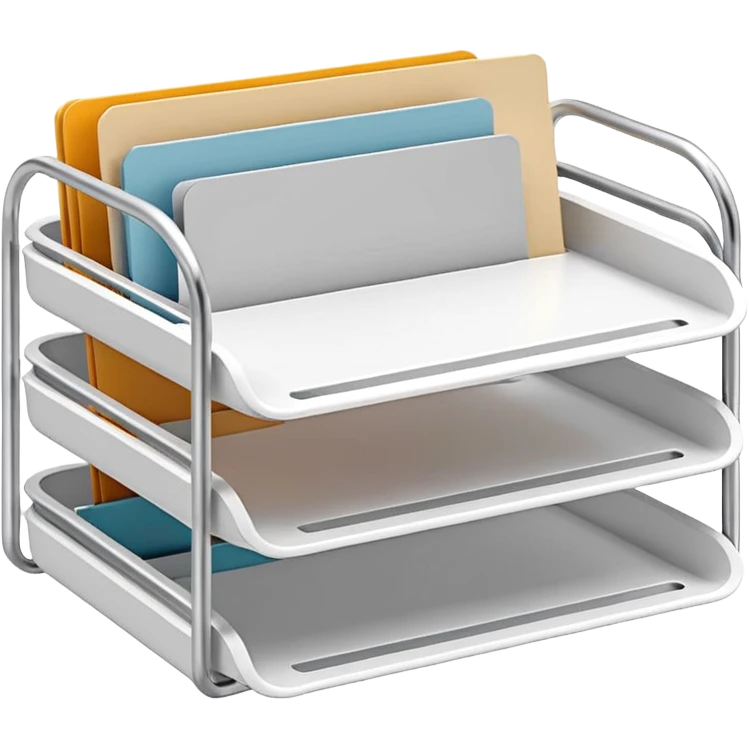 A minimal, clean emoji-style illustration of a white metal desk paper organizer tray, shown in slight isometric view so its structure is readable at a small scale. The organizer is rectangular with rounded corners, made of thin white metal wires, forming two to three stacked horizontal slots.
 emoji