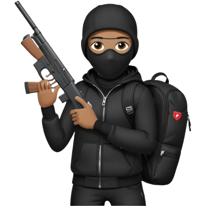 YN wearing a ski mask, holding a gun, all black fit, black jeans, Sprayground bookbag, confident stance emoji