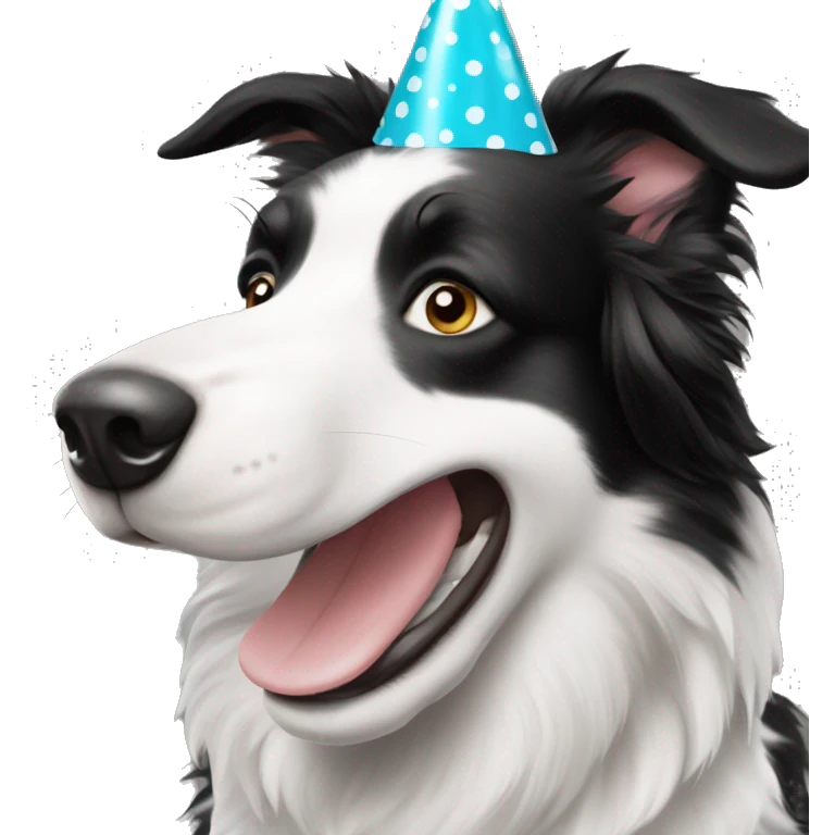 A black and white polka-dotted Border Collie wearing a party hat.   emoji