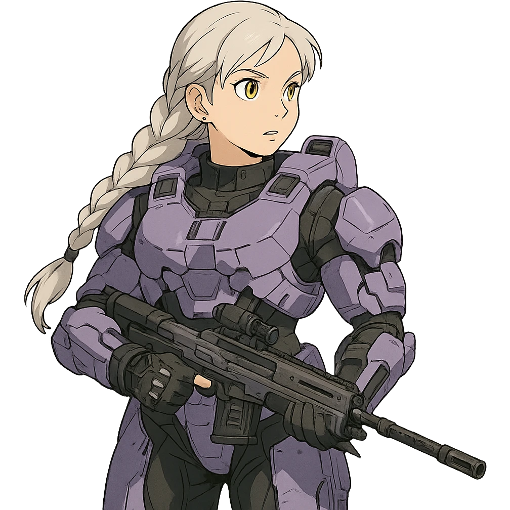 female, wearing reach spartan armor default, long white braid hair, gold yellow eyes, attention pose, halo series, no helmet, the armor is lavender color scheme, shoulder pad off. DDD bust size fitting. Punk gothic cyberpunk, brandishing a dmr emoji