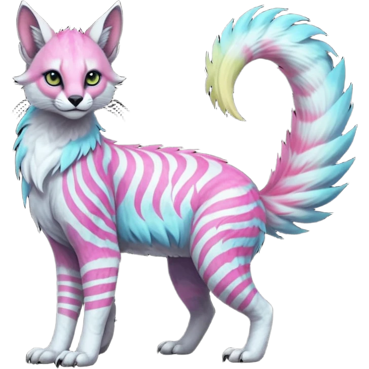 Colorful dark tropical feathery tribal pale light fruity pastel white glorious iridescent divine exotic cute albino neon vibrant spooky evil zigzagged cool beautiful beautiful fantasy-caracal-civet-genet-sergal-vernid-Gryphon-Cacomistle-Trico-oncilla-animal-Fakémon-hybrid-fursona (full body) emoji
