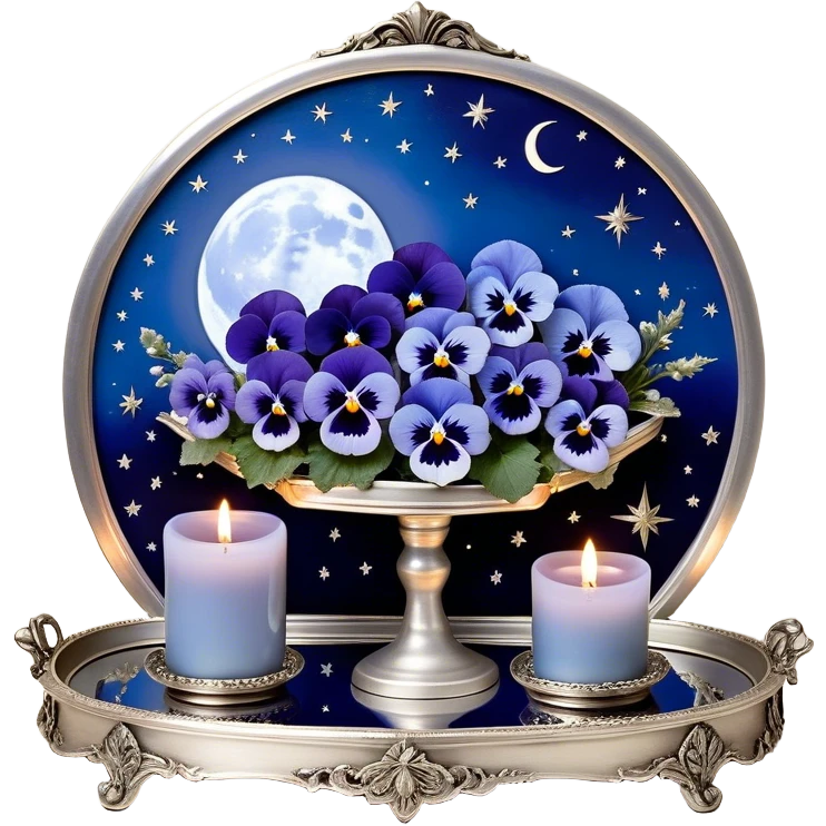 An enchanting nighttime scene where rich blue pansies bloom in a mystical landscape, their petals appearing almost luminous under the soft radiance of a silver crescent moon. A pearl-colored candle, embellished with intricate celestial symbols, sits atop an antique mirror tray, reflecting its warm glow. Wisps of silver mist curl around the flowers, and tiny glowing stars seem to hover just above the ground, adding to the dreamlike atmosphere. In the distance, a faint silhouette of a gothic archway frames the moon, enhancing the scene’s otherworldly beauty. emoji