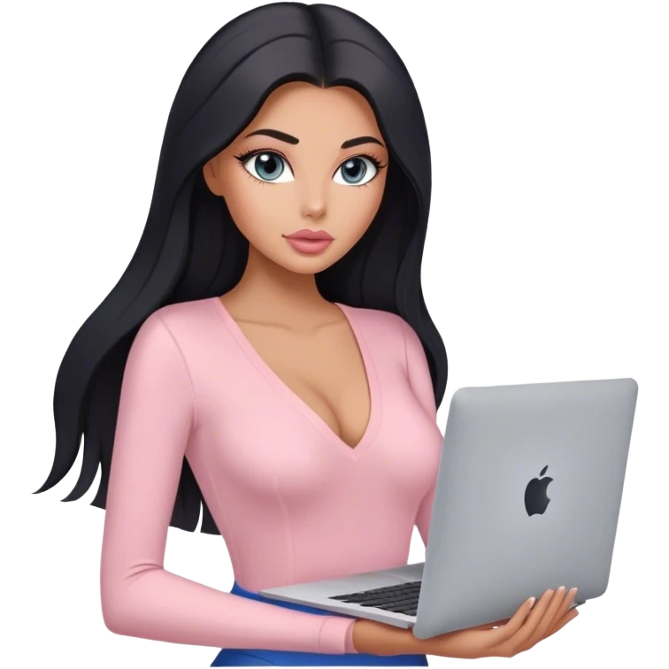 Glamours, tanned, very beautiful girl, with big pump peach-beige-rose lips, long lashes, black straight smooth silky long hair, straight parting hair, blue-grey eyes, in light-pink v-neck bodysuit holding MacBook emoji