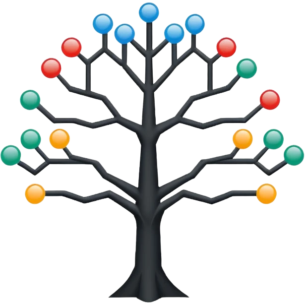 Minimalistic flat vector icon, iOS style, thin black contour on white background. Binary tree diagram with connected nodes. Clean, no text, no shadows emoji