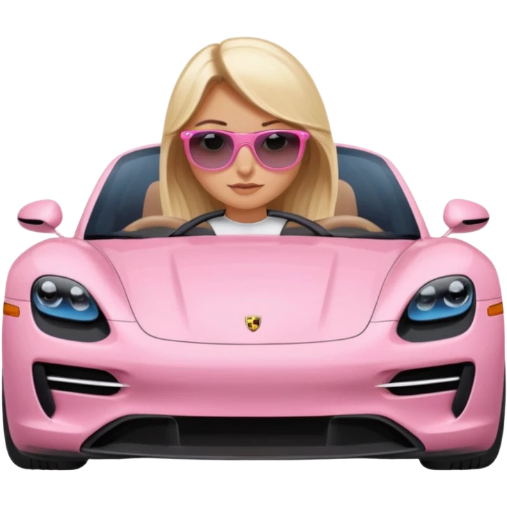 pink Porsche taycan with blonde girl, blue eyes, sitting in the car, front view point of view emoji