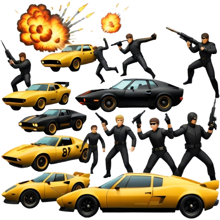 Photorealistic Icon for Action Movies: Dynamic collage of iconic action movie scenes featuring explosions, fast cars, combat, and weapons. Include silhouettes of famous action heroes, dramatic lighting, and a sense of high-octane energy. Transparent background. emoji