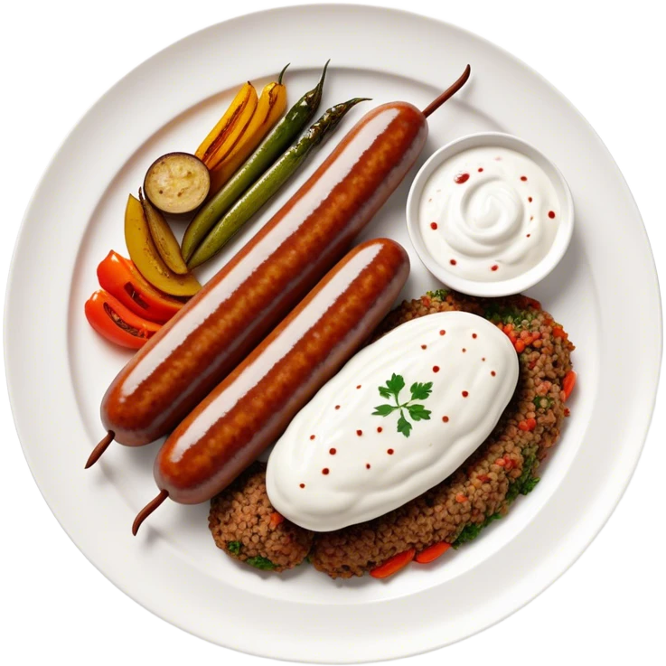 Cinematic Realistic image of a long, sausage-shaped Turkish Köfte, rendered with richly spiced meat textures and subtle grill marks, artfully arranged on a traditional Turkish ceramic plate alongside classic sides such as a serving of aromatic pilaf, crisp grilled vegetables, and a dollop of creamy yogurt, all bathed in warm, appetizing lighting that emphasizes its savory allure. emoji