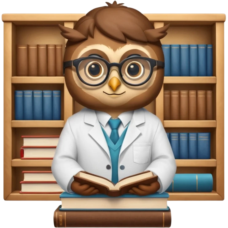 Wise owl with glasses, wearing a lab coat, perched on a stack of books. emoji