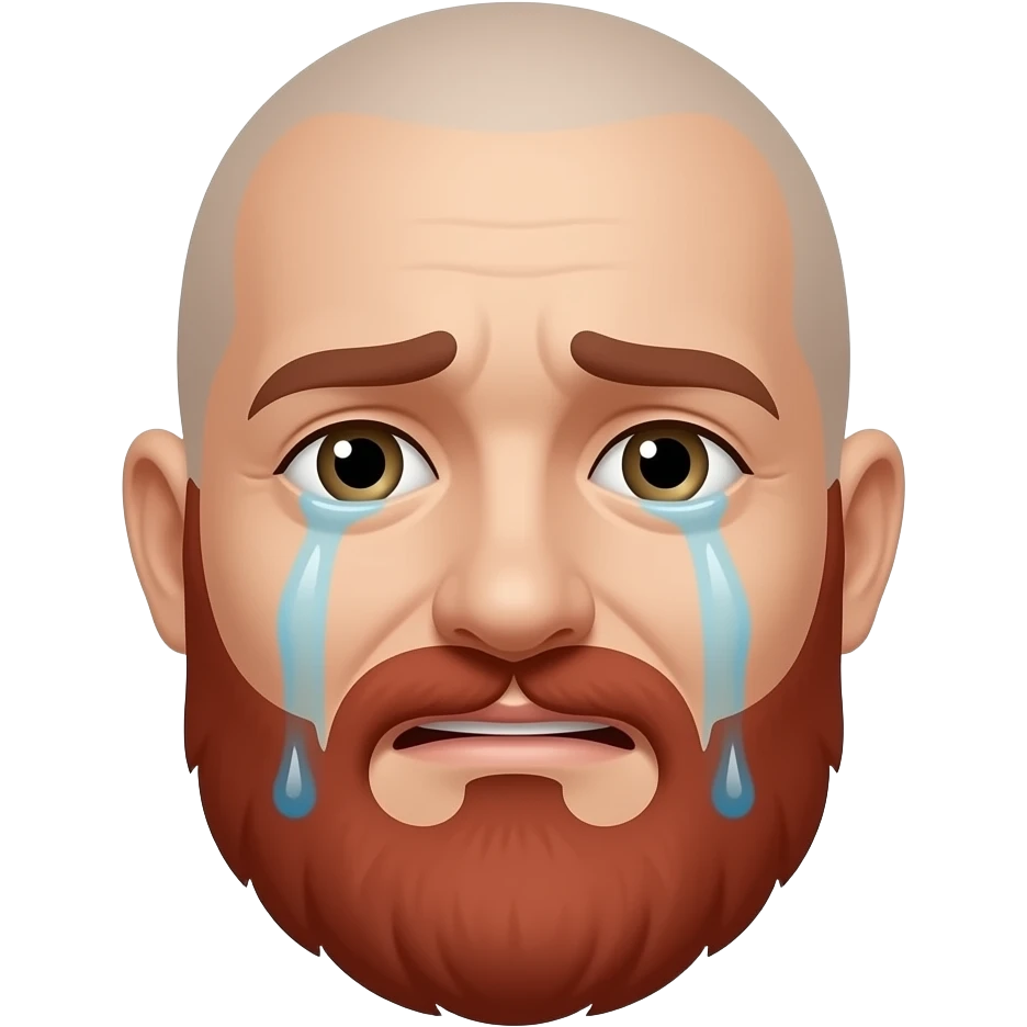 White man with no hair and a red beard crying emoji