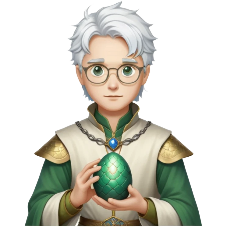 a medieval era noble wearing green, white, and gold clothes. he has glasses and blue eyes. he has shoulder length white messy white hair. he is holding a silver dragon egg.  emoji