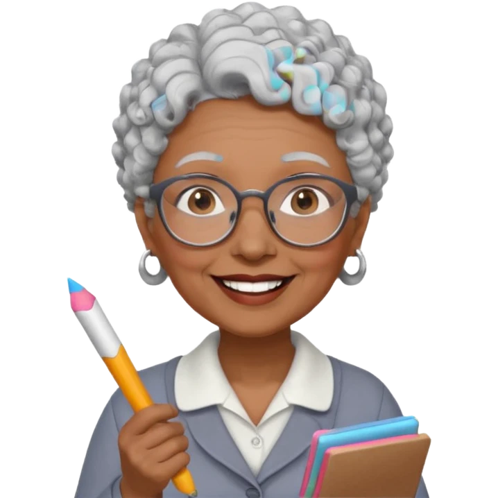 old woman teacher, brown skin, curly grey white hai, wearing glasses, hold chalk on hand emoji