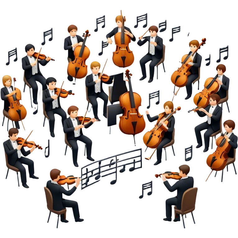 Icon for Classical Music: symphonic orchestra with musicians playing violins, cellos, flutes, and a conductor leading the ensemble. A grand, elegant vibe with musical notes floating around. Transparent background. emoji