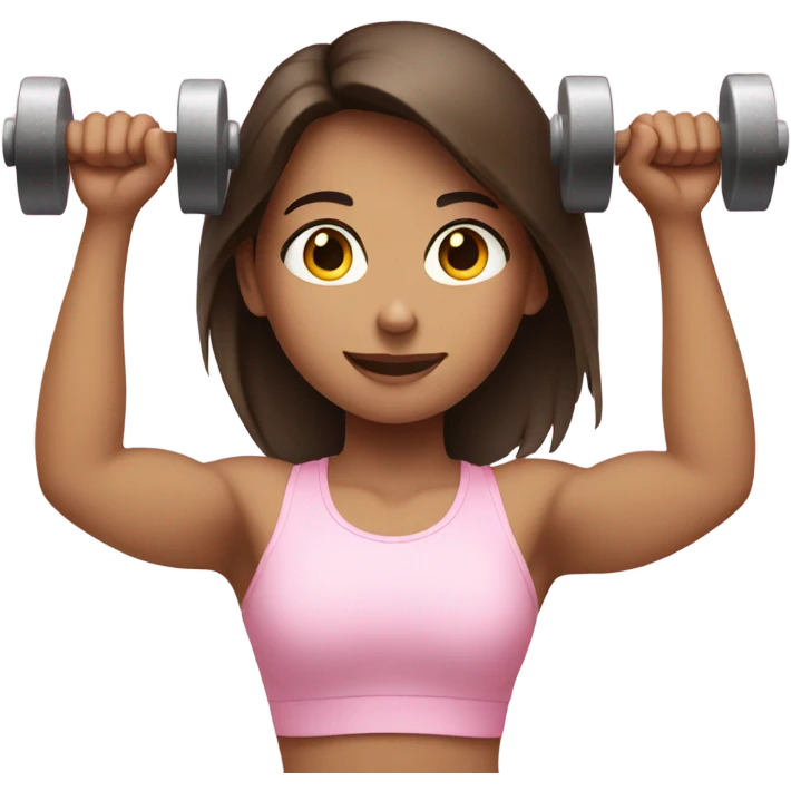 brunette girl lifting weights in light pink  emoji