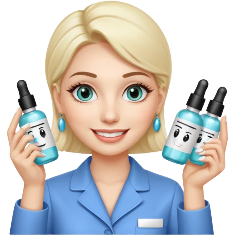 A smiling beautician with cold fake smile, calculating eyes, pointing at your cheek while holding 5 expensive serum bottle. predatory vibe.A face with a fake sweet smile, but the face is slowly consumed by shadows creeping from below. Only the cold, calculating eyes are visible in the dark emoji