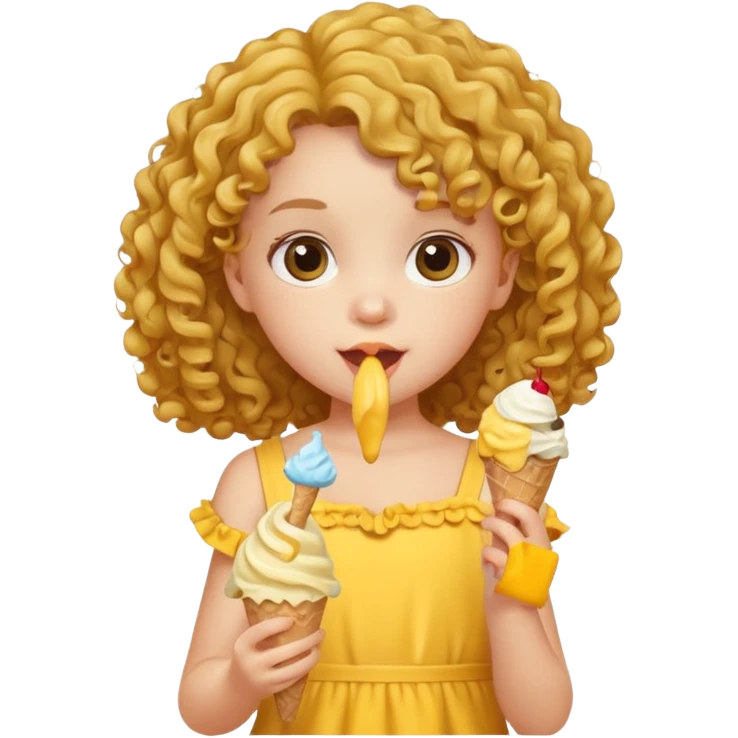 a little girl kid with curly hair, yellow dress, eat ice cream emoji