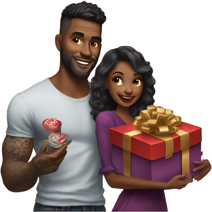 Hyper Realistic beautiful woman receiving a gift and a box of chocolates from a handsome tattooed man  emoji