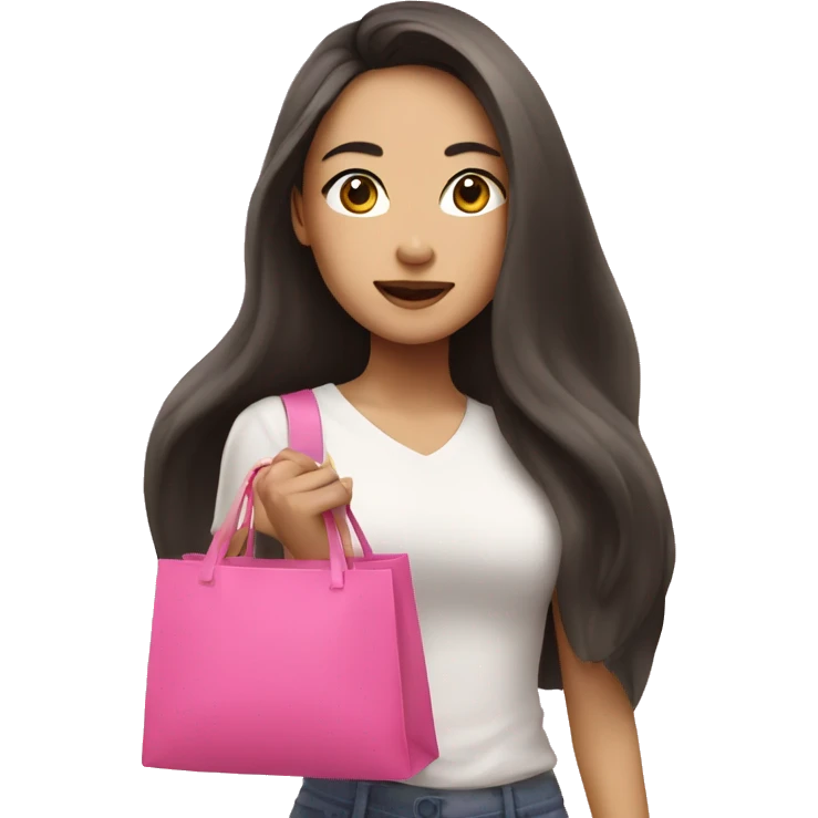 Asian woman with long hair and make-up holds pink bags emoji