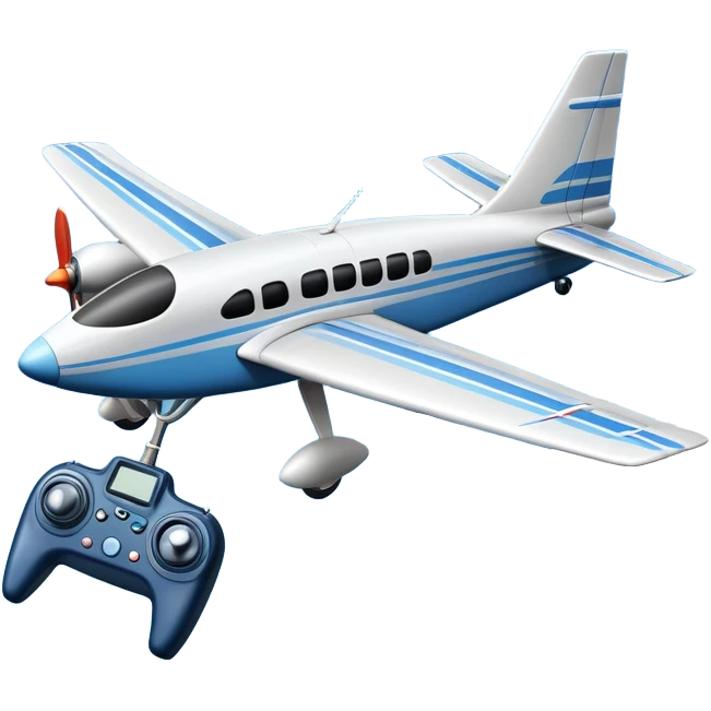An icon featuring a remote-controlled model airplane soaring through the sky, with a detailed transmitter in the foreground. The sky is clear with motion lines showing flight. Transparent background emphasizes the precision, creativity, and joy of aeromodelling as a sport. emoji