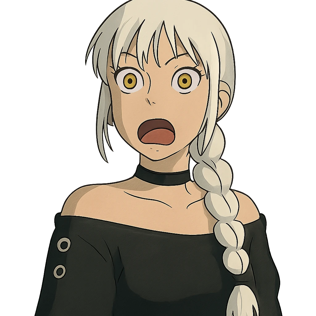 shocked young female with gold yellow eyes, white hair in a long braid, black off-shoulder top, punk gothic style emoji