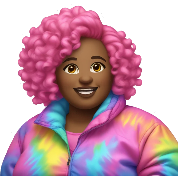 Plus size black woman with pink curly pixie cut hair and a rainbow tie dye bubble jacket  emoji