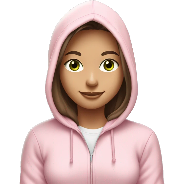 a girl with brown long hair, fair skin, green eyes, works relaxed and smiling at a modern laptop in a monochrome pale pink zip hoodie with a hood and a pink monochrome T-shirt emoji