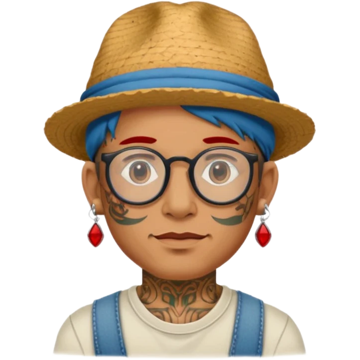 unique looking tourist with big unique red tourist hat and earrings, man with lots of tattoes and spectacles emoji