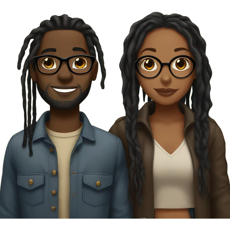 black couple with locs, male brown skin with long black locs, female light skin with glasses and BLACK locs tied up kissing emoji