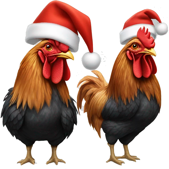 One rooster and two hens wearing Santa hats. emoji
