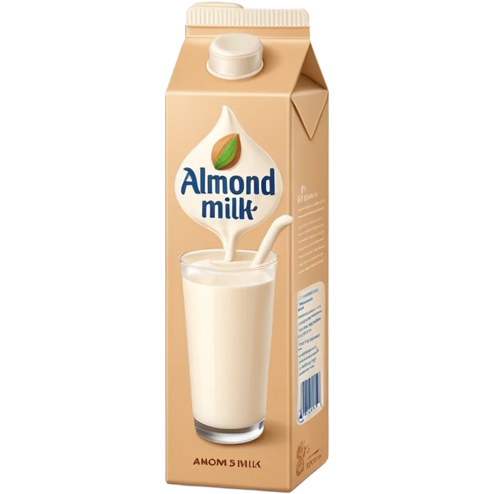 almond milk tall slim carton or bottle, beige or off-white, minimalist, neutral cap or spout, simple almond illustration, no text or branding, smooth light creamy milk, no glass or extra elements, clean 3D, soft shadows, transparent background, emoji scale emoji