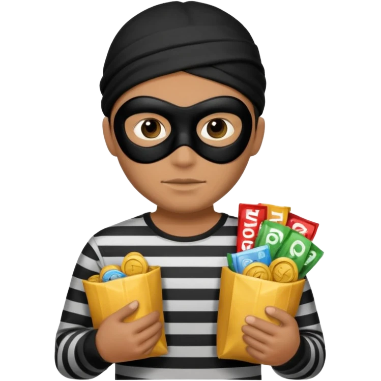 robber emoji with black mask and striped shirt, holding loot emoji
